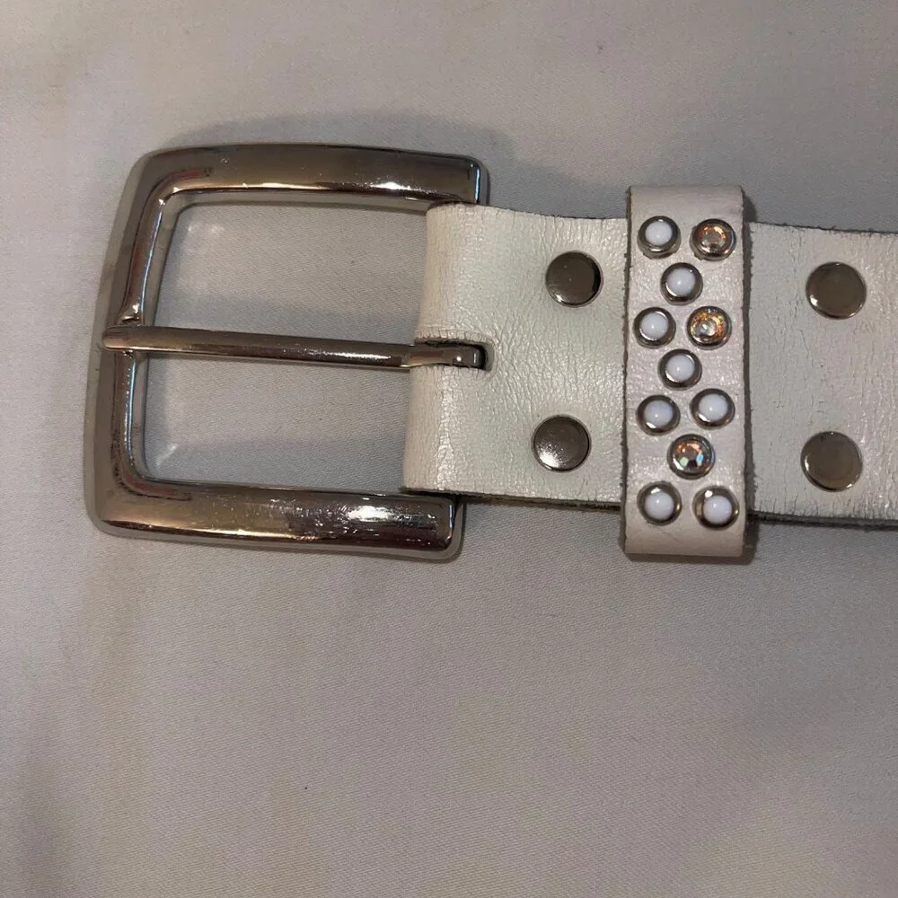 Rn Design Womens Belt Size Large White Leather Studded Swarosky Crystals